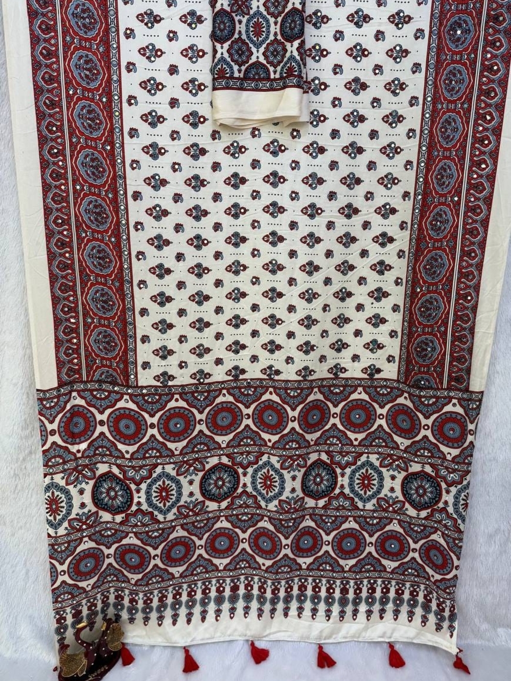 Ajrakh Print Japan Satin Saree with Mirror Work & Latkan - Picture 13 of 17